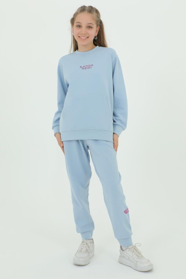 Kız Çocuk Bisiklet Yaka Baskı Detaylı Ayarlanabilir Lastik Bel Eşofman Takımı MAVİ - 8-9 Yaş