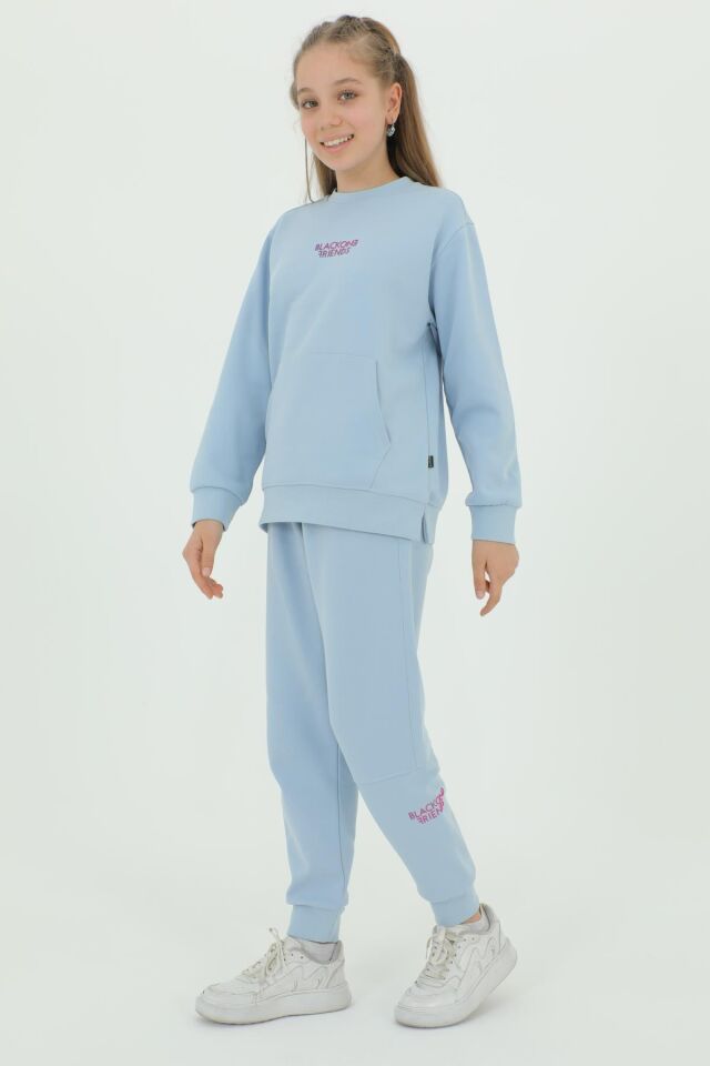 Kız Çocuk Bisiklet Yaka Baskı Detaylı Ayarlanabilir Lastik Bel Eşofman Takımı MAVİ - 8-9 Yaş