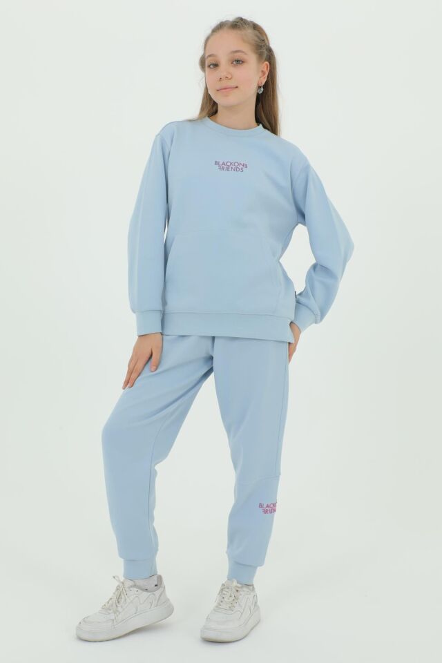 Kız Çocuk Bisiklet Yaka Baskı Detaylı Ayarlanabilir Lastik Bel Eşofman Takımı MAVİ - 8-9 Yaş