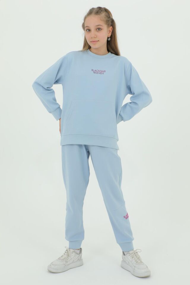 Kız Çocuk Bisiklet Yaka Baskı Detaylı Ayarlanabilir Lastik Bel Eşofman Takımı MAVİ - 8-9 Yaş