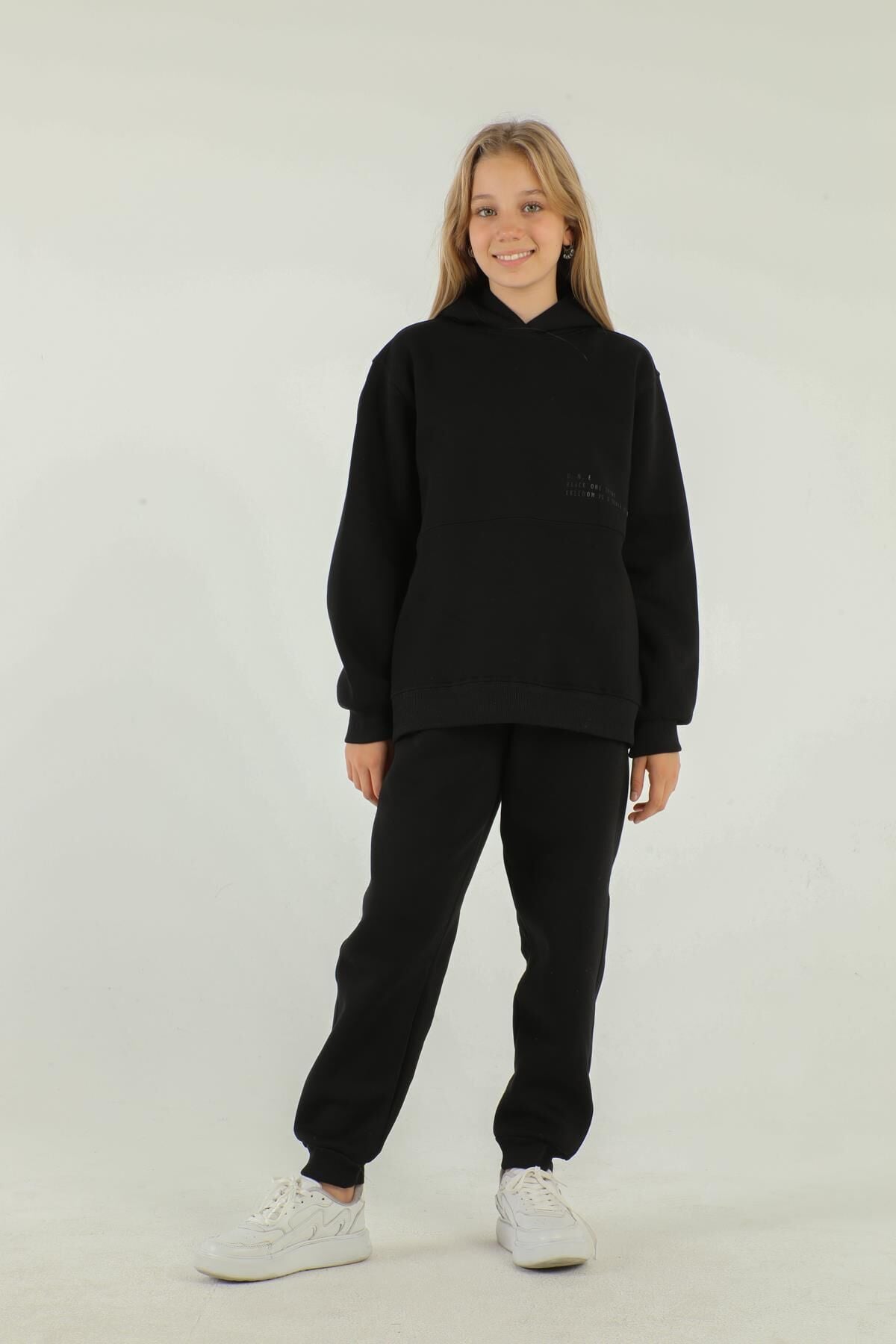 Kapüşonlu Kargo Cepli Kalın Kız Çocuk Eşofman Takımı