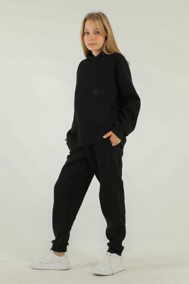 Kapüşonlu Kargo Cepli Kalın Kız Çocuk Eşofman Takımı