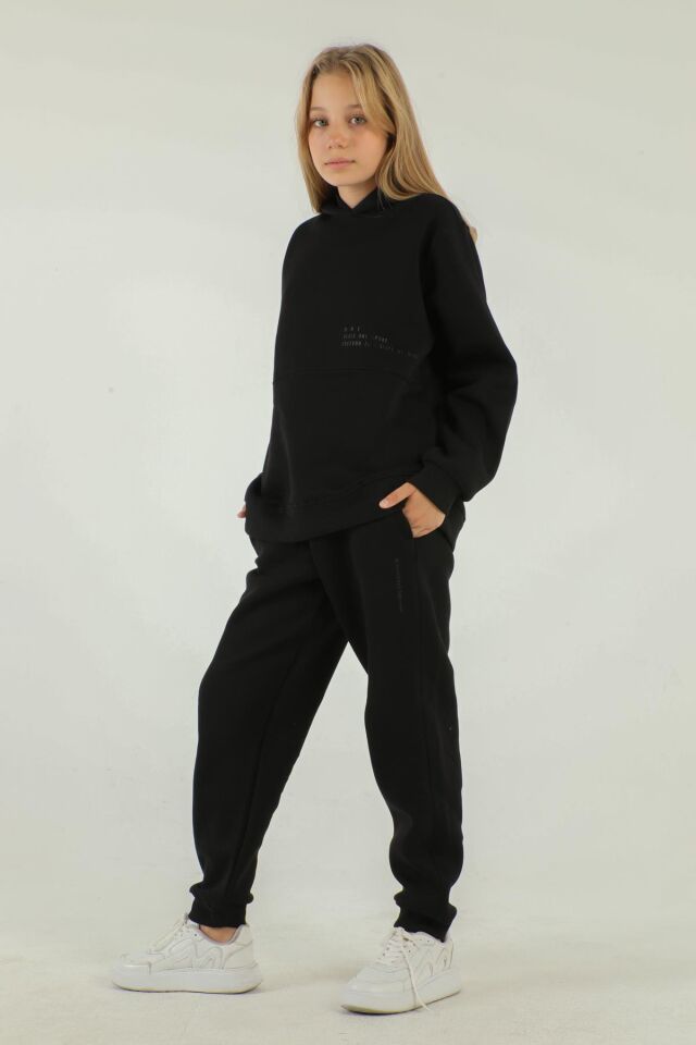 Kapüşonlu Kargo Cepli Kalın Kız Çocuk Eşofman Takımı