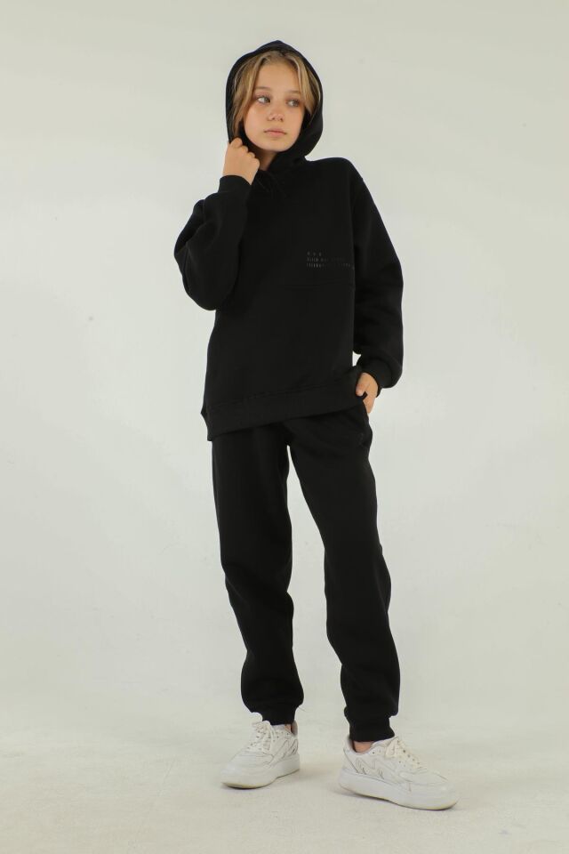 Kapüşonlu Kargo Cepli Kalın Kız Çocuk Eşofman Takımı