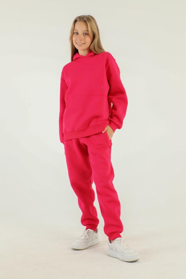 Kapüşonlu Kargo Cepli Kalın Kız Çocuk Eşofman Takımı