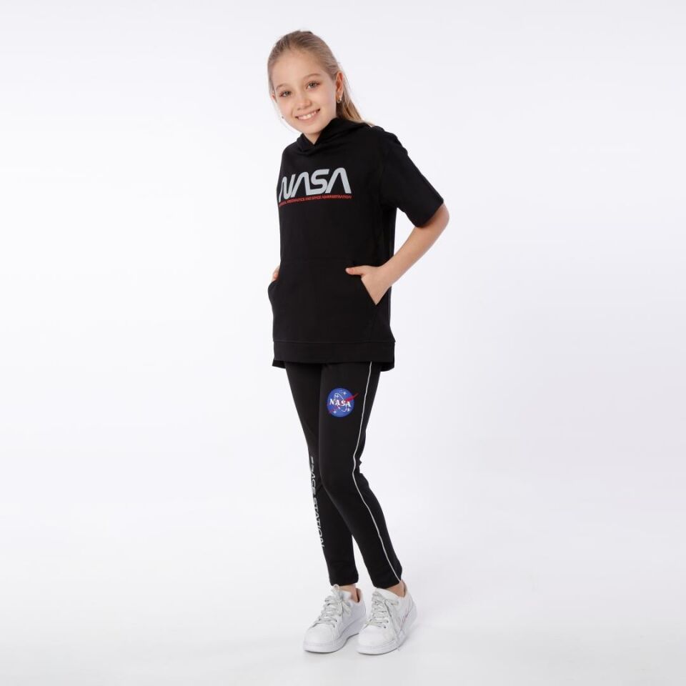 KIZ ÇOCUK NASA BASKILI KAPÜŞONLU T-SHIRT NAKIŞ DETAYLI TAYT 8-9 Yaş - SİYAH