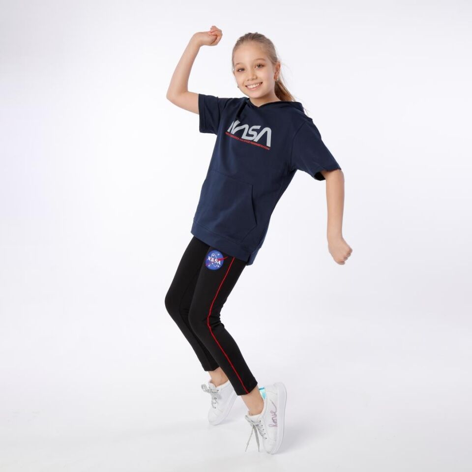 KIZ ÇOCUK NASA BASKILI KAPÜŞONLU T-SHIRT NAKIŞ DETAYLI TAYT 10-11 Yaş - LACİVERT