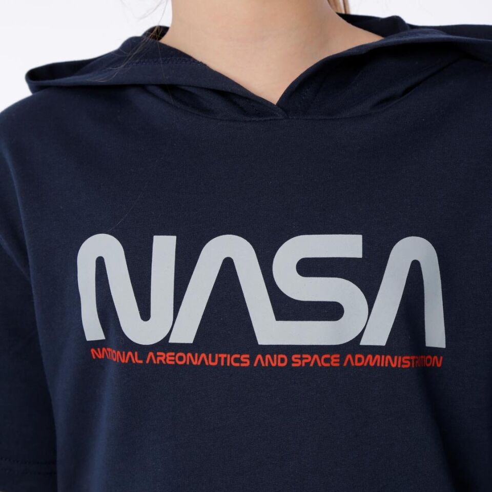 KIZ ÇOCUK NASA BASKILI KAPÜŞONLU T-SHIRT NAKIŞ DETAYLI TAYT 10-11 Yaş - LACİVERT