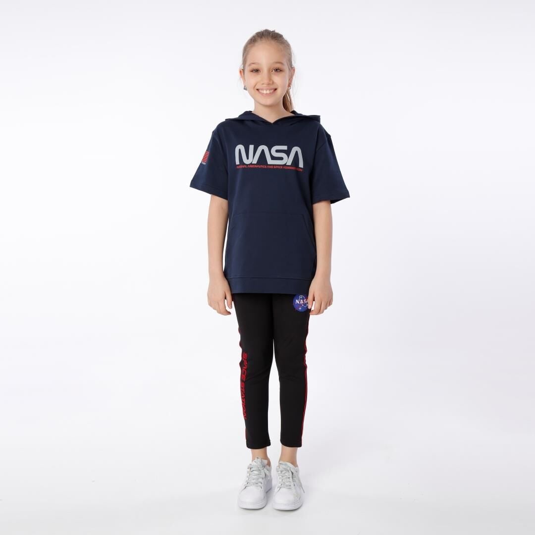 KIZ ÇOCUK NASA BASKILI KAPÜŞONLU T-SHIRT NAKIŞ DETAYLI TAYT 11-12 Yaş - LACİVERT