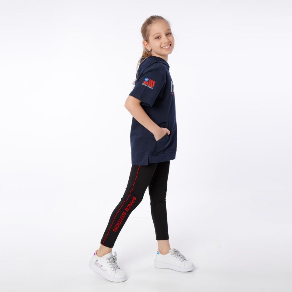 KIZ ÇOCUK NASA BASKILI KAPÜŞONLU T-SHIRT NAKIŞ DETAYLI TAYT 11-12 Yaş - LACİVERT