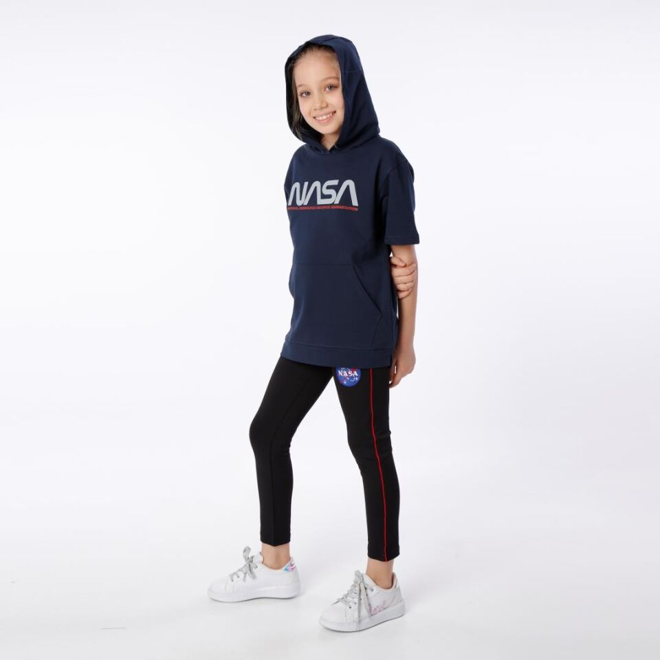 KIZ ÇOCUK NASA BASKILI KAPÜŞONLU T-SHIRT NAKIŞ DETAYLI TAYT 14-15 Yaş - LACİVERT