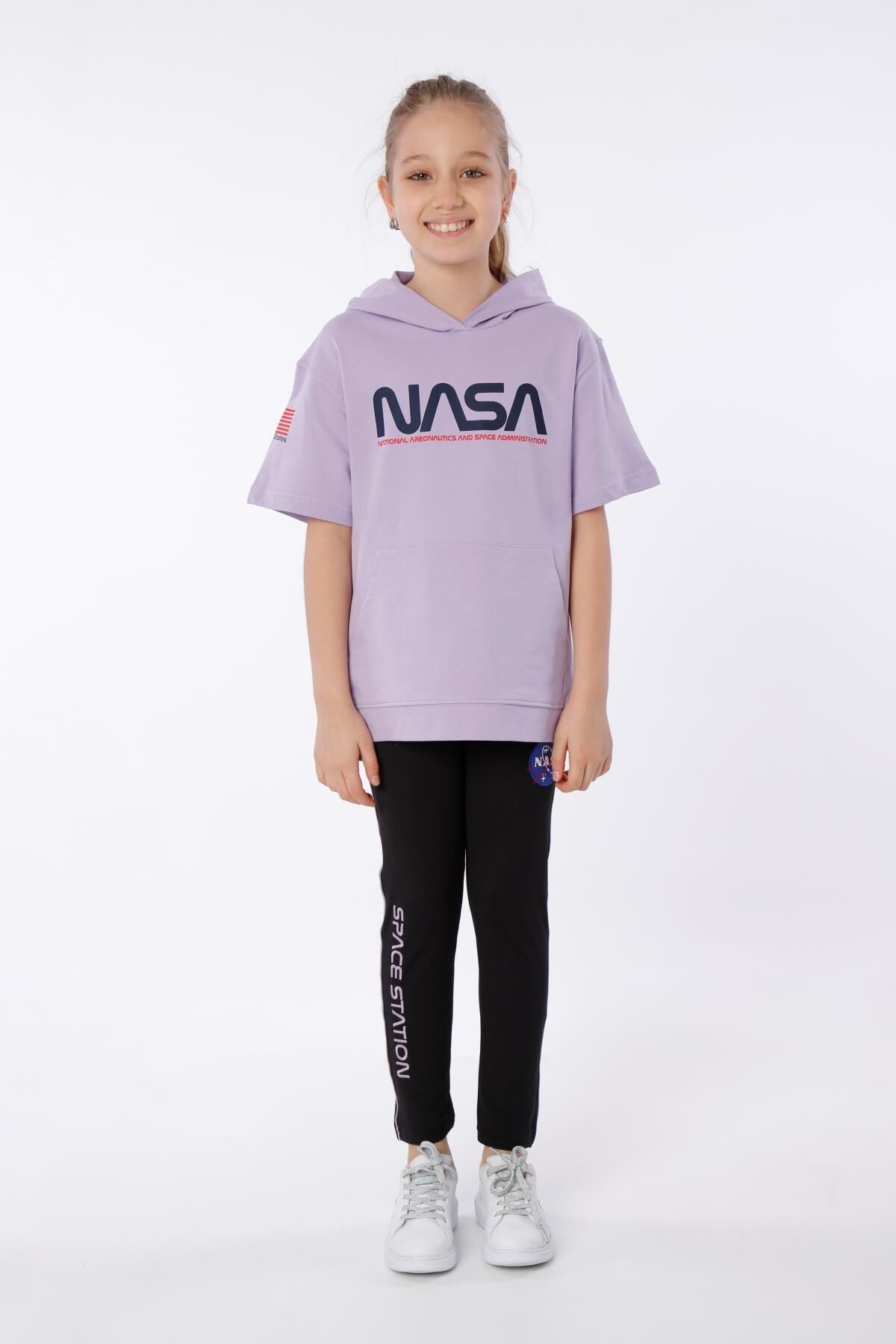 KIZ ÇOCUK NASA BASKILI KAPÜŞONLU T-SHIRT NAKIŞ DETAYLI TAYT 9-10 Yaş - LİLA