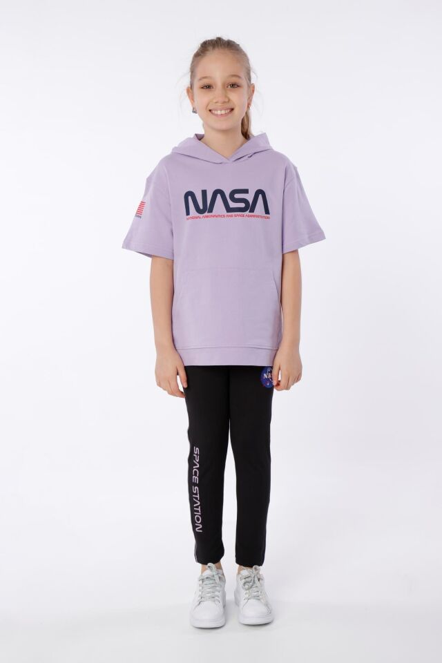 KIZ ÇOCUK NASA BASKILI KAPÜŞONLU T-SHIRT NAKIŞ DETAYLI TAYT 9-10 Yaş - LİLA