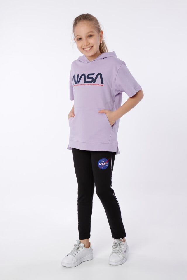 KIZ ÇOCUK NASA BASKILI KAPÜŞONLU T-SHIRT NAKIŞ DETAYLI TAYT 9-10 Yaş - LİLA
