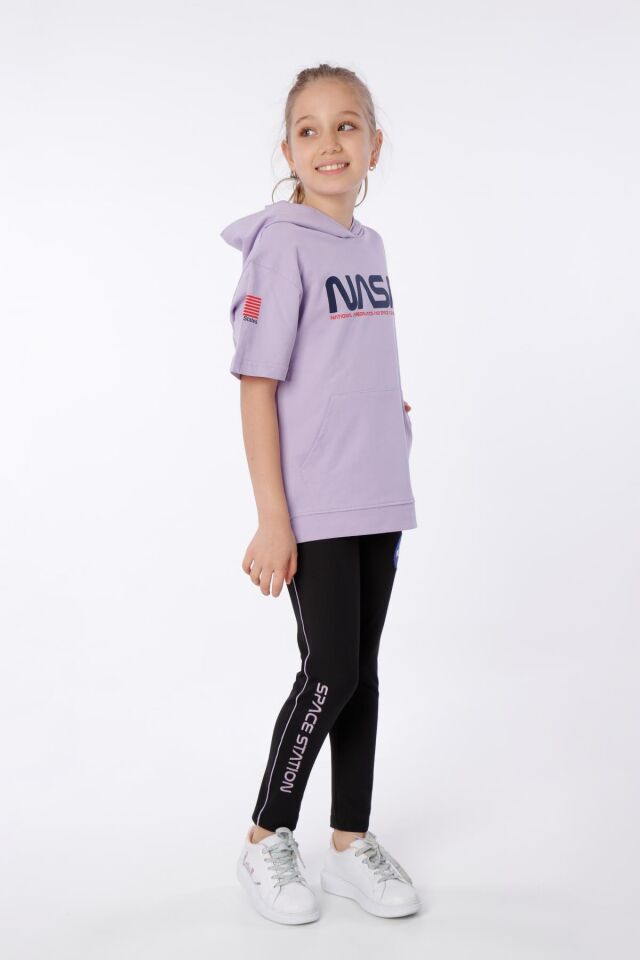 KIZ ÇOCUK NASA BASKILI KAPÜŞONLU T-SHIRT NAKIŞ DETAYLI TAYT 9-10 Yaş - LİLA
