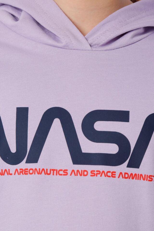 KIZ ÇOCUK NASA BASKILI KAPÜŞONLU T-SHIRT NAKIŞ DETAYLI TAYT 9-10 Yaş - LİLA