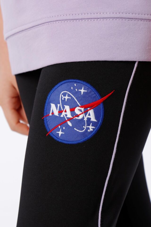 KIZ ÇOCUK NASA BASKILI KAPÜŞONLU T-SHIRT NAKIŞ DETAYLI TAYT 9-10 Yaş - LİLA
