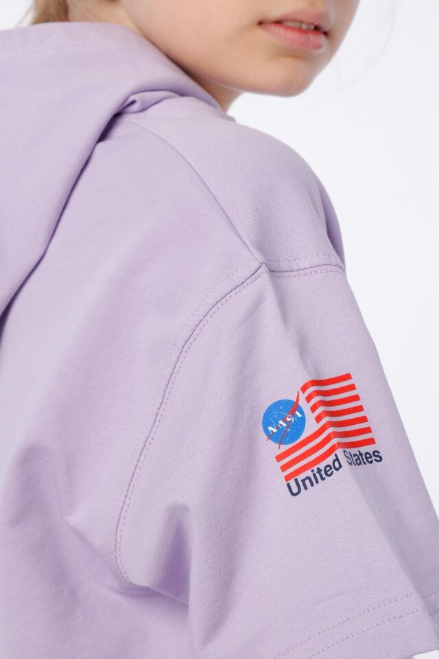 KIZ ÇOCUK NASA BASKILI KAPÜŞONLU T-SHIRT NAKIŞ DETAYLI TAYT 9-10 Yaş - LİLA