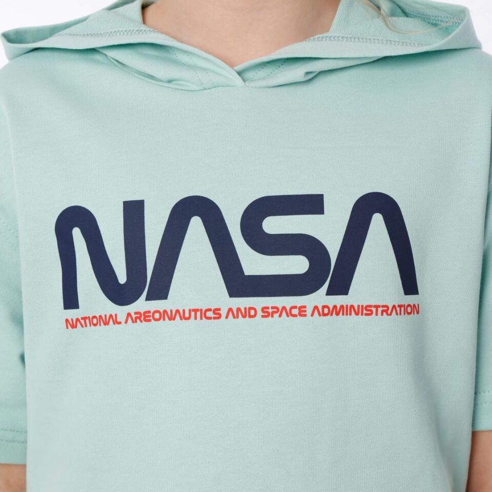 KIZ ÇOCUK NASA BASKILI KAPÜŞONLU T-SHIRT NAKIŞ DETAYLI TAYT 8-9 Yaş - MİNT YEŞİLİ