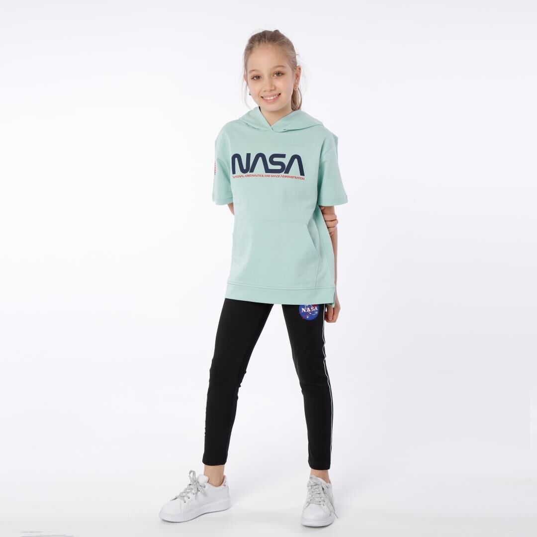 KIZ ÇOCUK NASA BASKILI KAPÜŞONLU T-SHIRT NAKIŞ DETAYLI TAYT 9-10 Yaş - MİNT YEŞİLİ