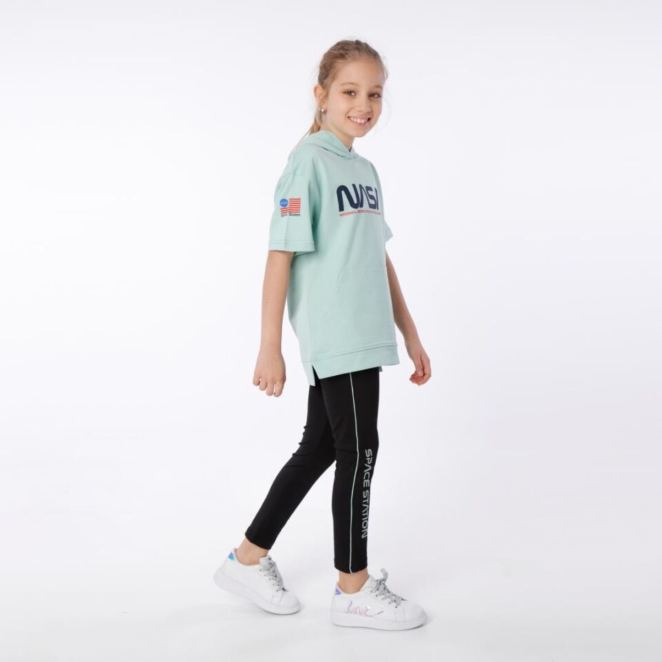 KIZ ÇOCUK NASA BASKILI KAPÜŞONLU T-SHIRT NAKIŞ DETAYLI TAYT 9-10 Yaş - MİNT YEŞİLİ