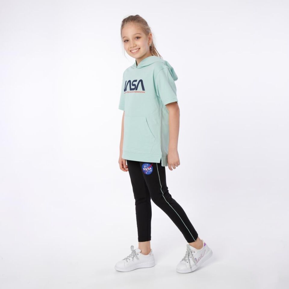 KIZ ÇOCUK NASA BASKILI KAPÜŞONLU T-SHIRT NAKIŞ DETAYLI TAYT 9-10 Yaş - MİNT YEŞİLİ