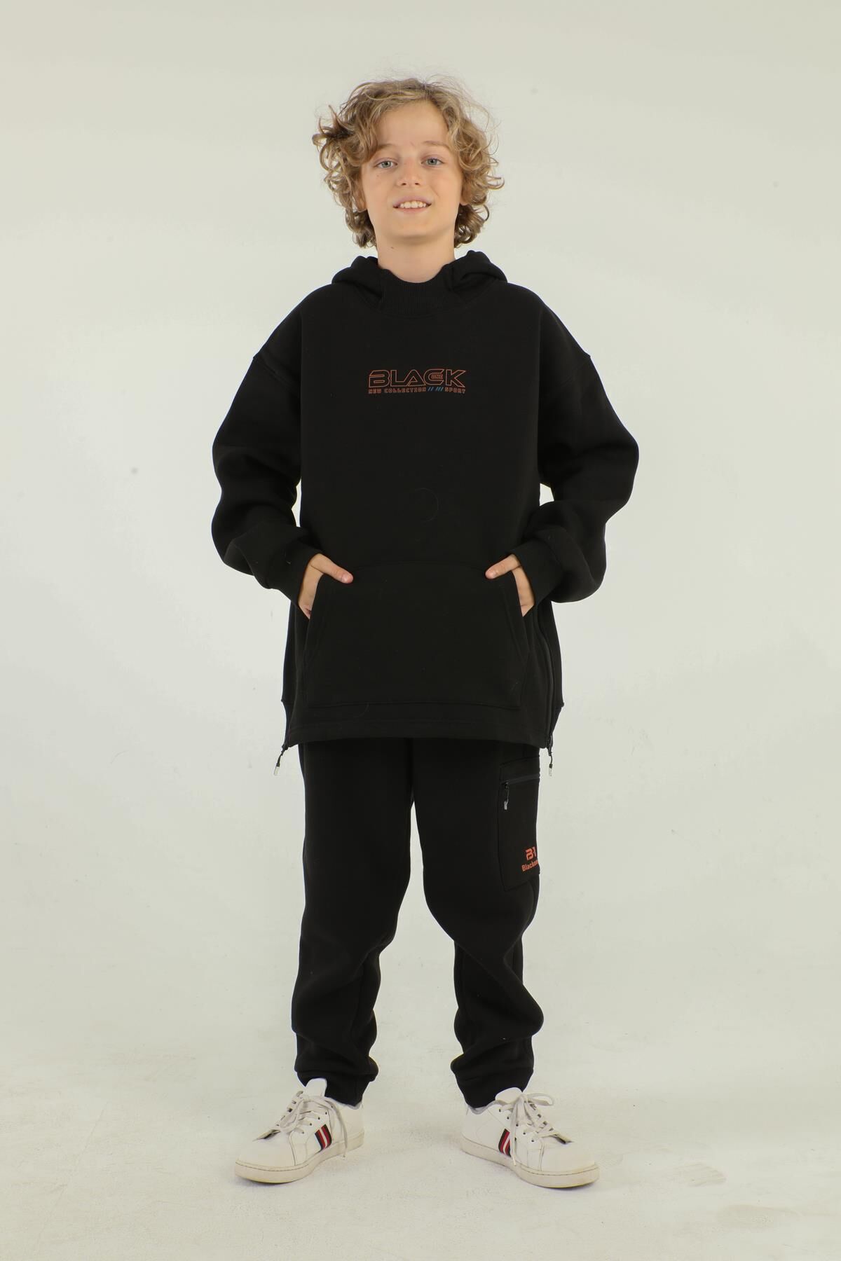 Kapüşonlu Kargo Cepli Yan Fermuar Detaylı Kalın Erkek Çocuk Eşofman Takımı