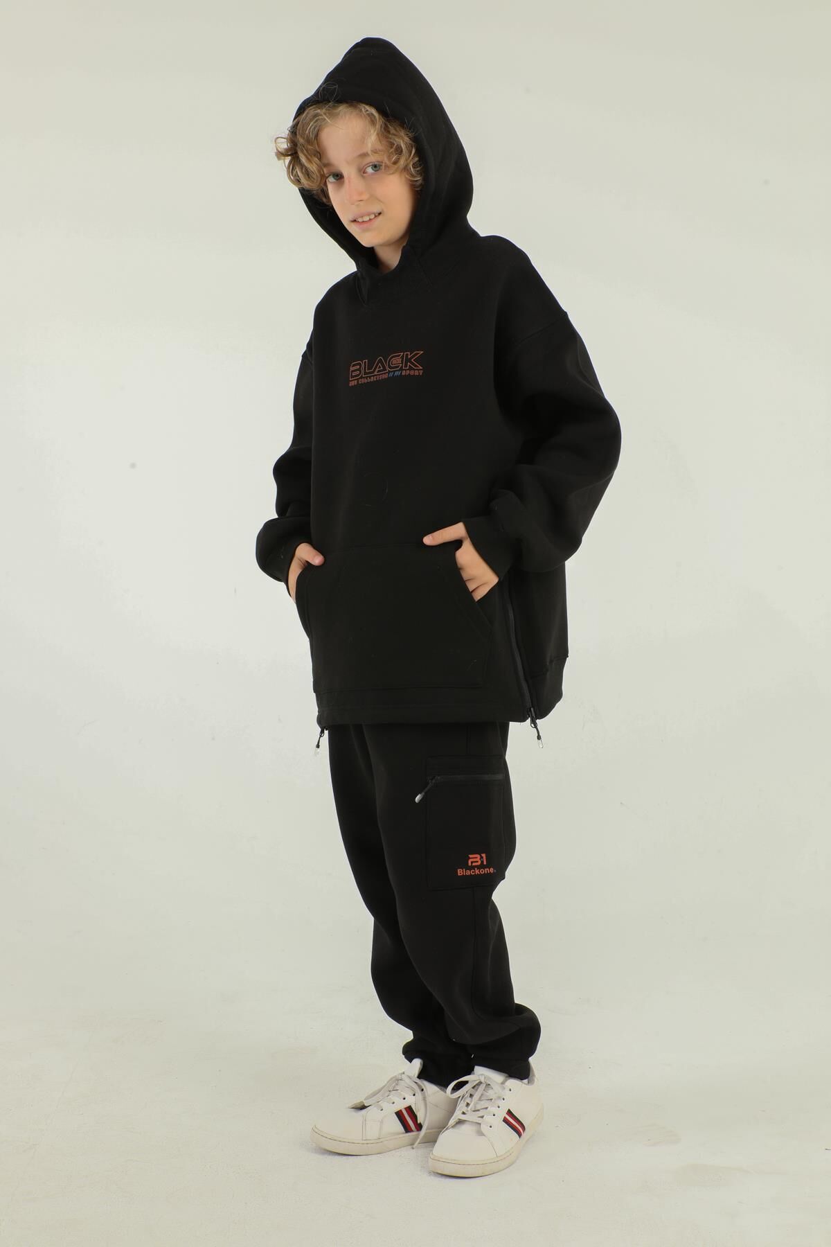 Kapüşonlu Kargo Cepli Yan Fermuar Detaylı Kalın Erkek Çocuk Eşofman Takımı