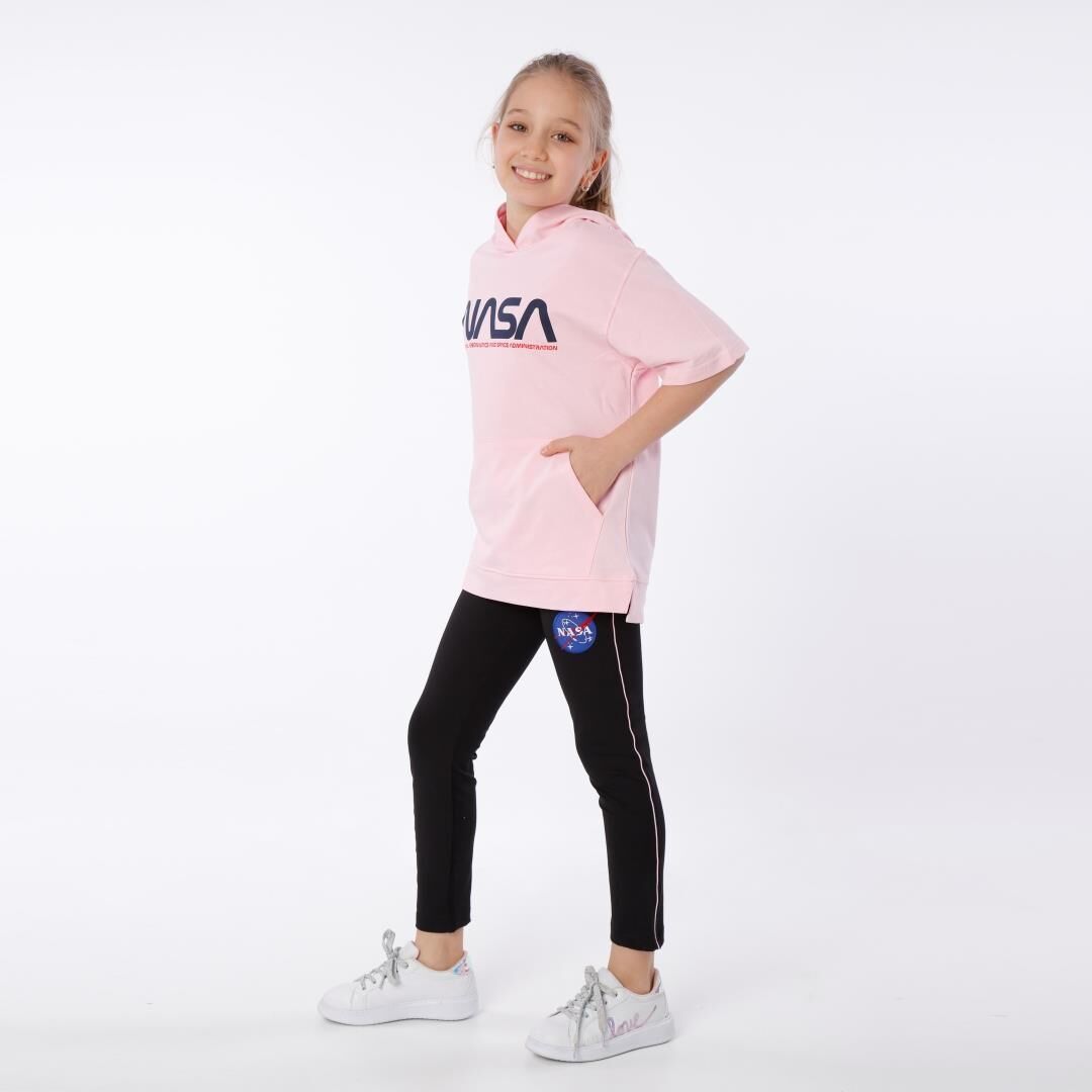 KIZ ÇOCUK NASA BASKILI KAPÜŞONLU T-SHIRT NAKIŞ DETAYLI TAYT 8-9 Yaş - PEMBE