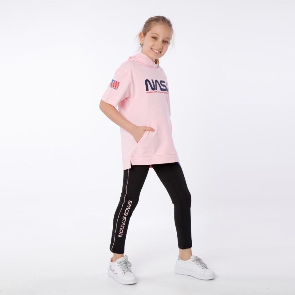 KIZ ÇOCUK NASA BASKILI KAPÜŞONLU T-SHIRT NAKIŞ DETAYLI TAYT 14-15 Yaş - PEMBE