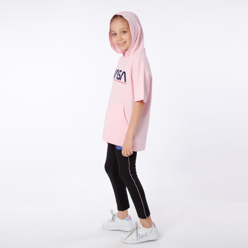 KIZ ÇOCUK NASA BASKILI KAPÜŞONLU T-SHIRT NAKIŞ DETAYLI TAYT 14-15 Yaş - PEMBE