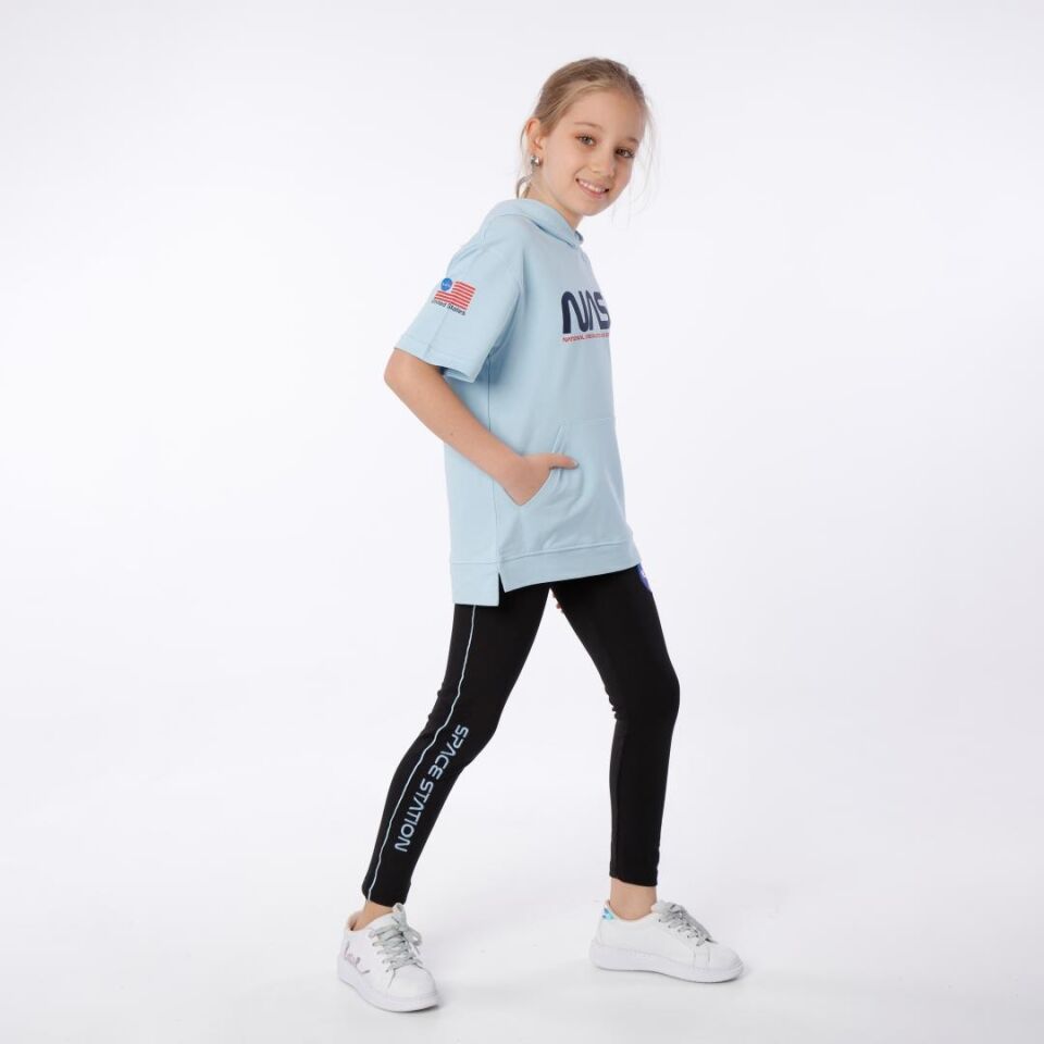 KIZ ÇOCUK NASA BASKILI KAPÜŞONLU T-SHIRT NAKIŞ DETAYLI TAYT 9-10 Yaş - MAVİ