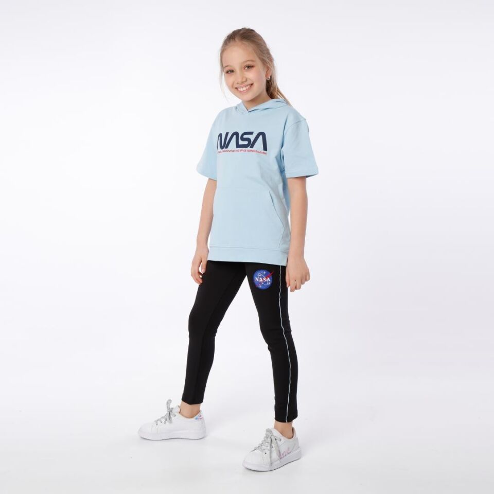 KIZ ÇOCUK NASA BASKILI KAPÜŞONLU T-SHIRT NAKIŞ DETAYLI TAYT 10-11 Yaş - MAVİ