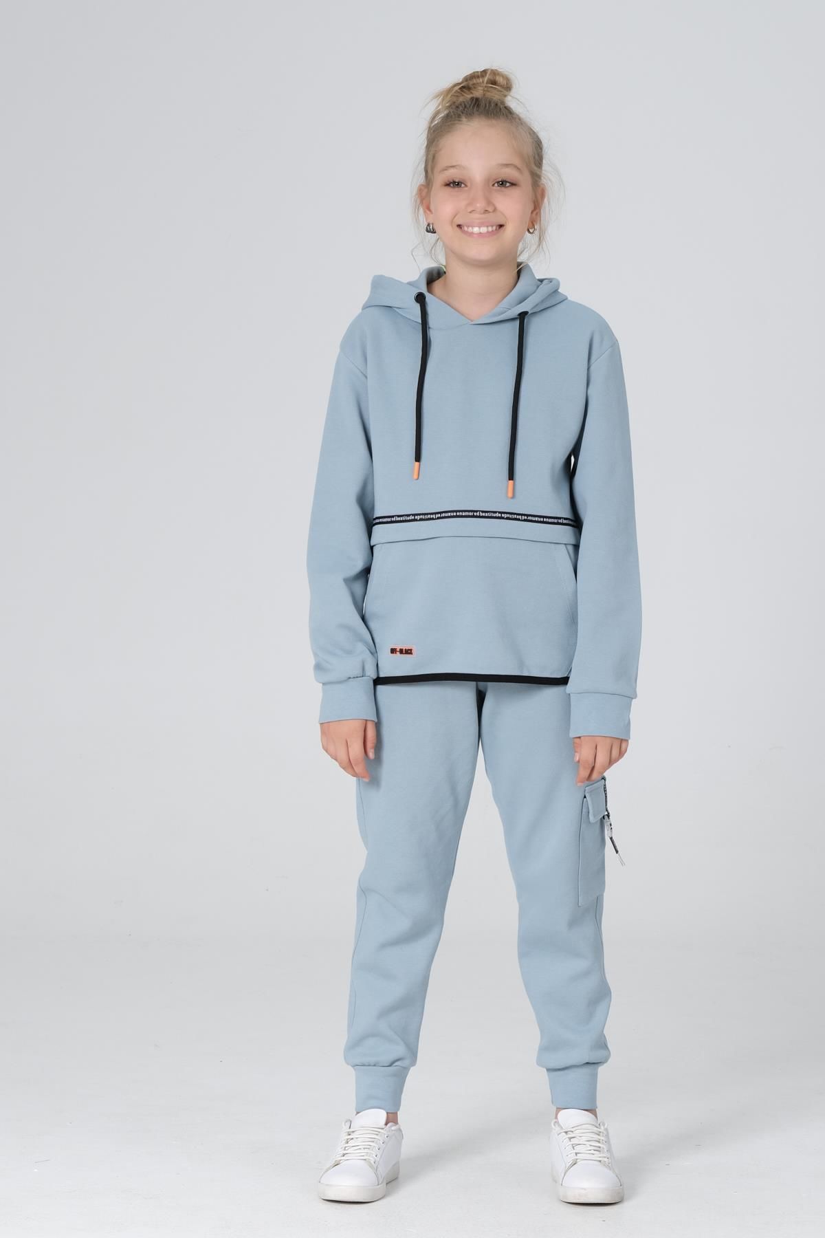 Black One Kız Çocuk  Cep Detaylı Kapüşonlu Çelikli Pike kumaş Eşofman Takımı 9-10 Yaş - COMEO BLUE