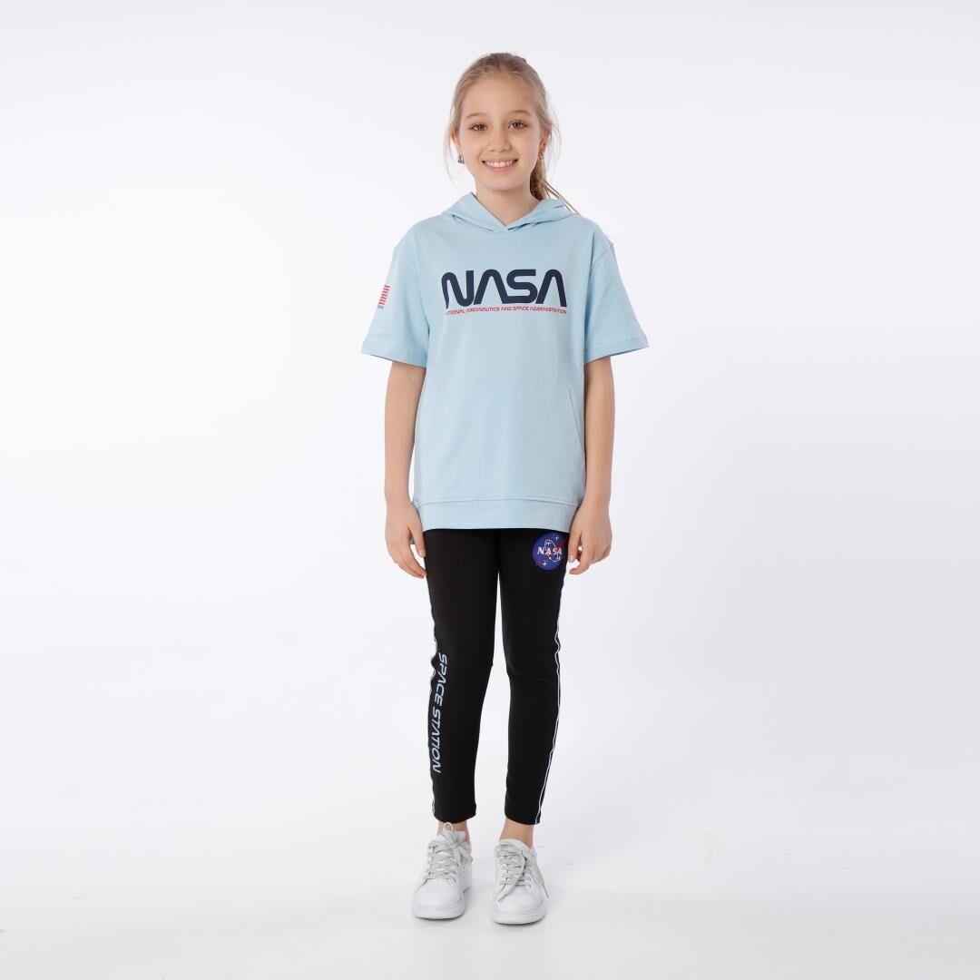 KIZ ÇOCUK NASA BASKILI KAPÜŞONLU T-SHIRT NAKIŞ DETAYLI TAYT 12-13 Yaş - MAVİ