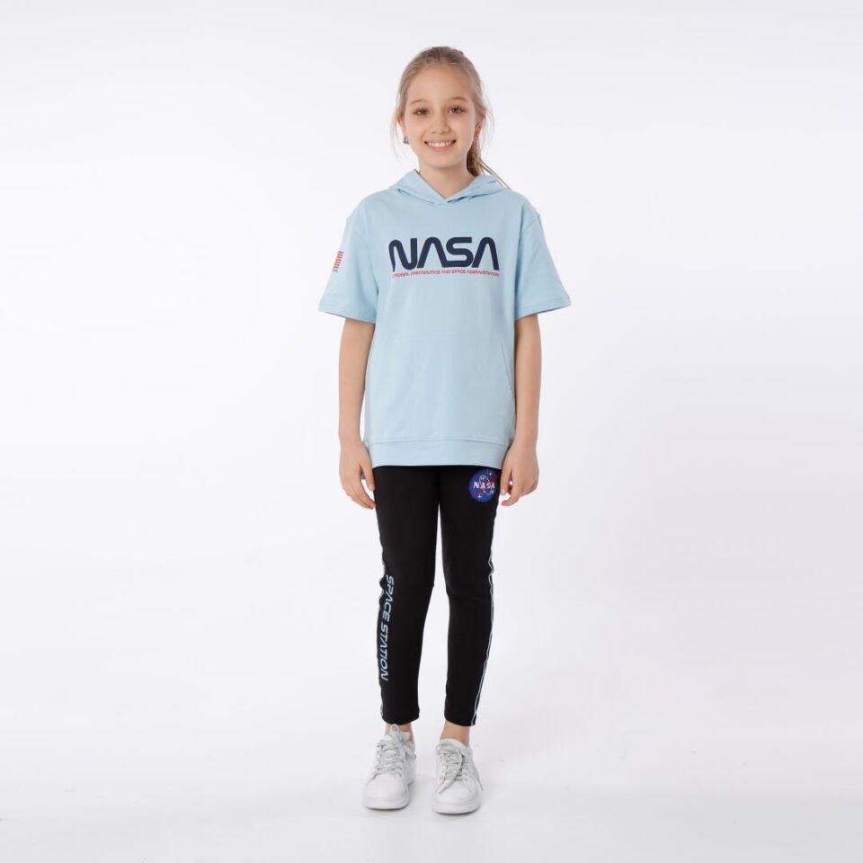 KIZ ÇOCUK NASA BASKILI KAPÜŞONLU T-SHIRT NAKIŞ DETAYLI TAYT 12-13 Yaş - MAVİ