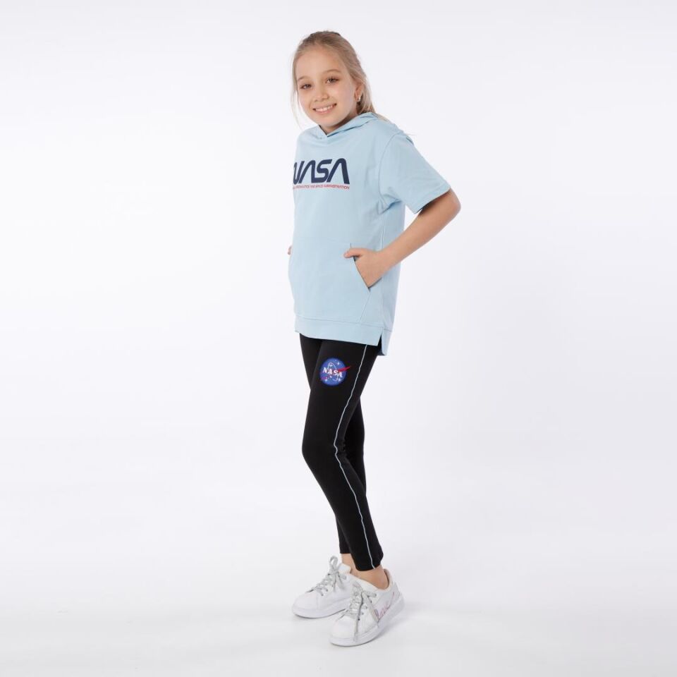 KIZ ÇOCUK NASA BASKILI KAPÜŞONLU T-SHIRT NAKIŞ DETAYLI TAYT 12-13 Yaş - MAVİ