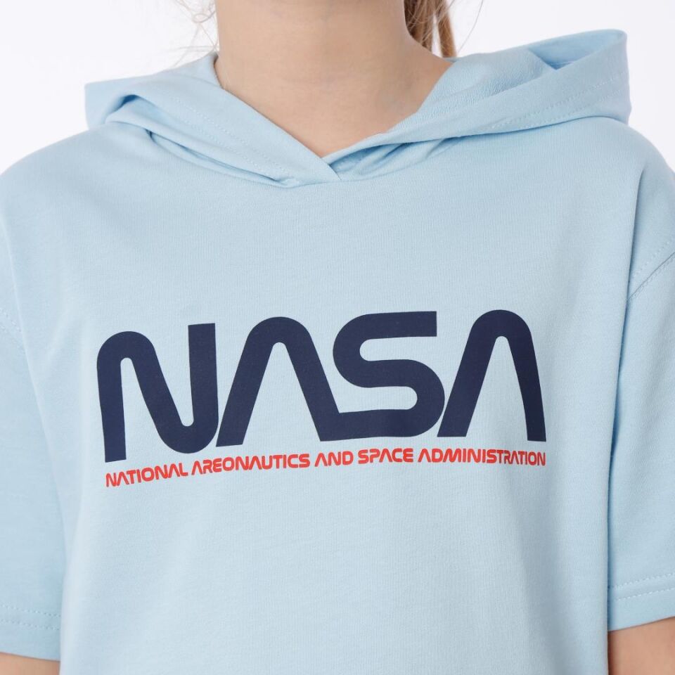 KIZ ÇOCUK NASA BASKILI KAPÜŞONLU T-SHIRT NAKIŞ DETAYLI TAYT 12-13 Yaş - MAVİ