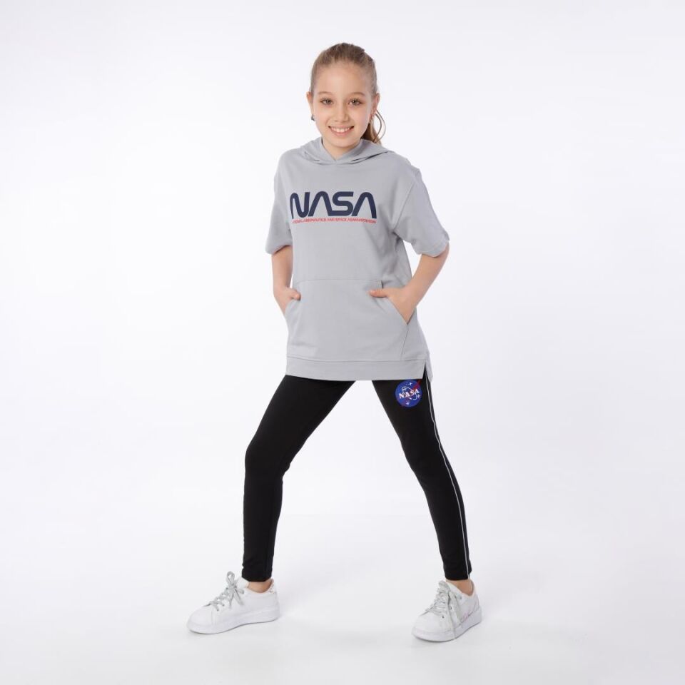 KIZ ÇOCUK NASA BASKILI KAPÜŞONLU T-SHIRT NAKIŞ DETAYLI TAYT 8-9 Yaş - KOYU GRİ