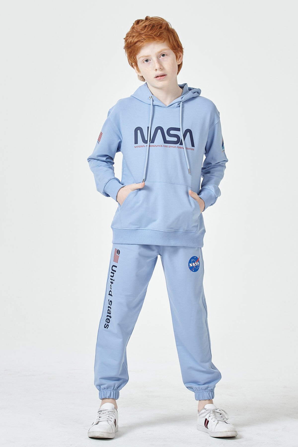 Erkek Çocuk Şardonsuz 2 İplik Baskılı Kapüşonlu Spor Eşofman Takımı – Normal Kalıp MAVİ - 8-9 Yaş