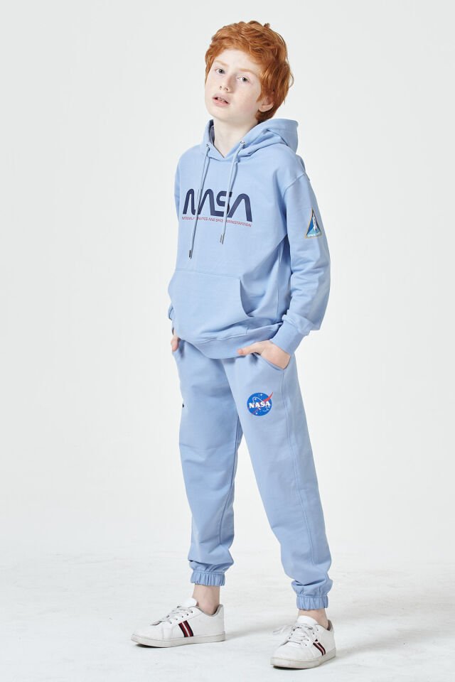 Erkek Çocuk Şardonsuz 2 İplik Baskılı Kapüşonlu Spor Eşofman Takımı – Normal Kalıp MAVİ - 9-10 Yaş