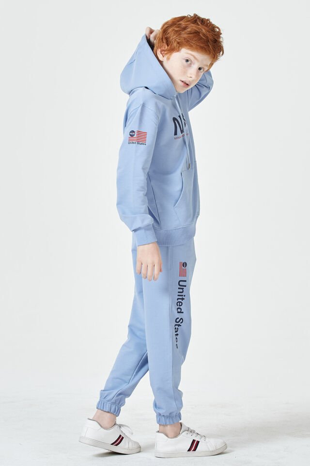 Erkek Çocuk Şardonsuz 2 İplik Baskılı Kapüşonlu Spor Eşofman Takımı – Normal Kalıp MAVİ - 9-10 Yaş