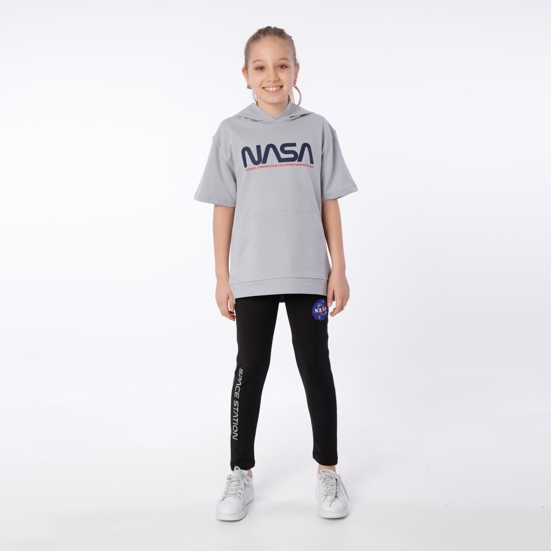 KIZ ÇOCUK NASA BASKILI KAPÜŞONLU T-SHIRT NAKIŞ DETAYLI TAYT 10-11 Yaş - KOYU GRİ