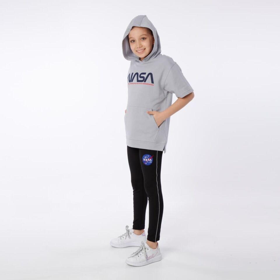 KIZ ÇOCUK NASA BASKILI KAPÜŞONLU T-SHIRT NAKIŞ DETAYLI TAYT 11-12 Yaş - KOYU GRİ