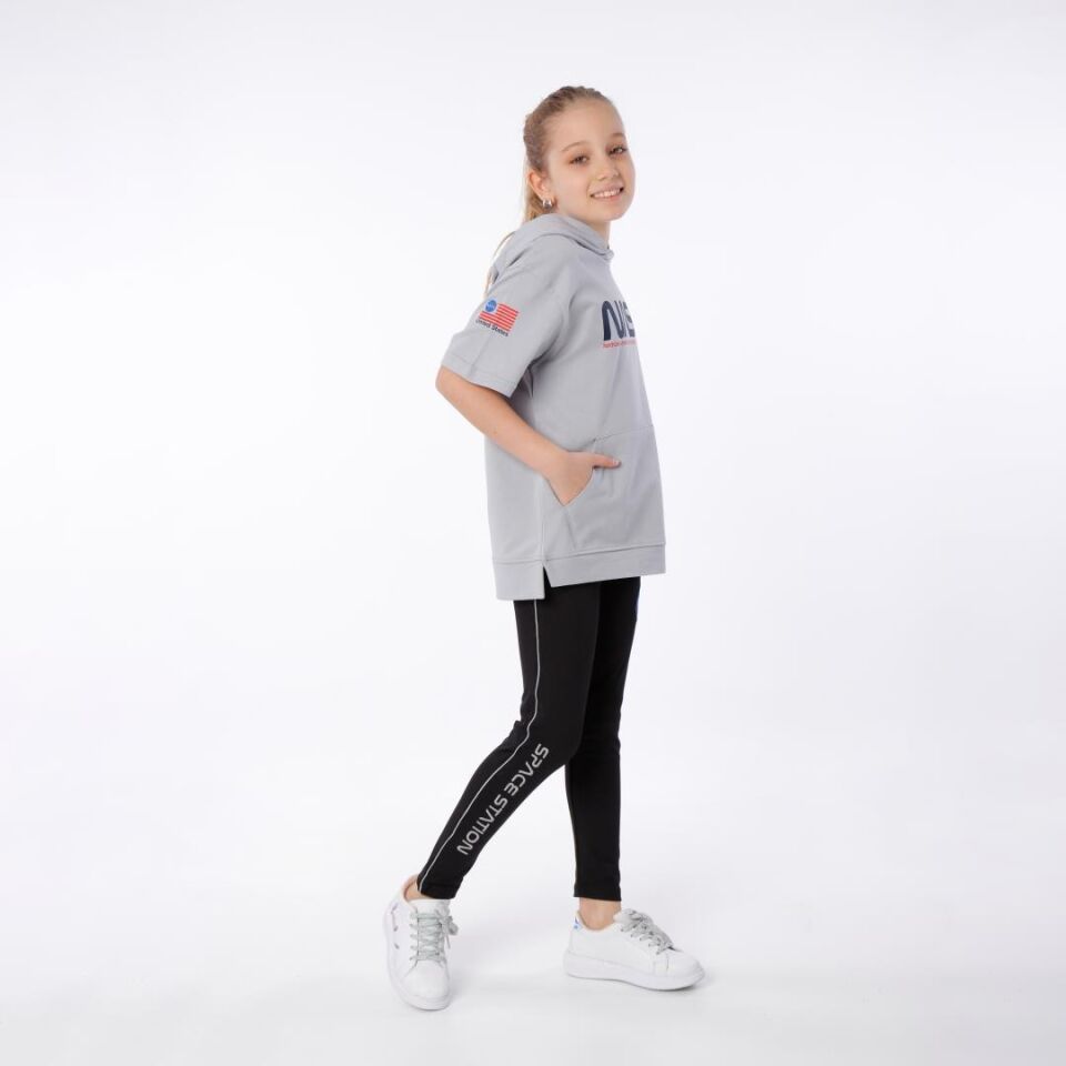 KIZ ÇOCUK NASA BASKILI KAPÜŞONLU T-SHIRT NAKIŞ DETAYLI TAYT 12-13 Yaş - KOYU GRİ