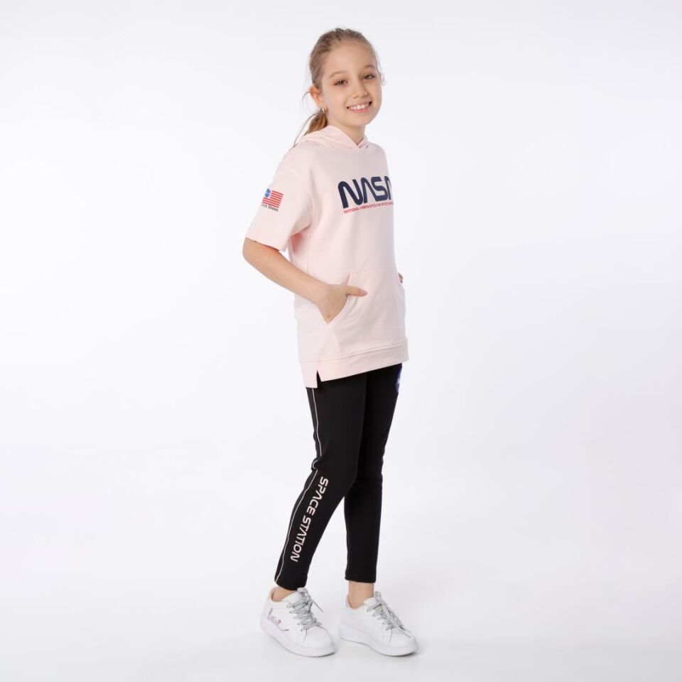 KIZ ÇOCUK NASA BASKILI KAPÜŞONLU T-SHIRT NAKIŞ DETAYLI TAYT 9-10 Yaş - SOMON