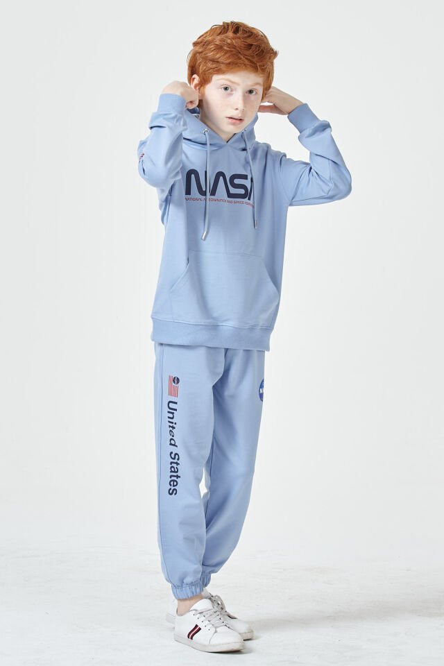 Erkek Çocuk Şardonsuz 2 İplik Baskılı Kapüşonlu Spor Eşofman Takımı – Normal Kalıp MAVİ - 5-6 Yaş