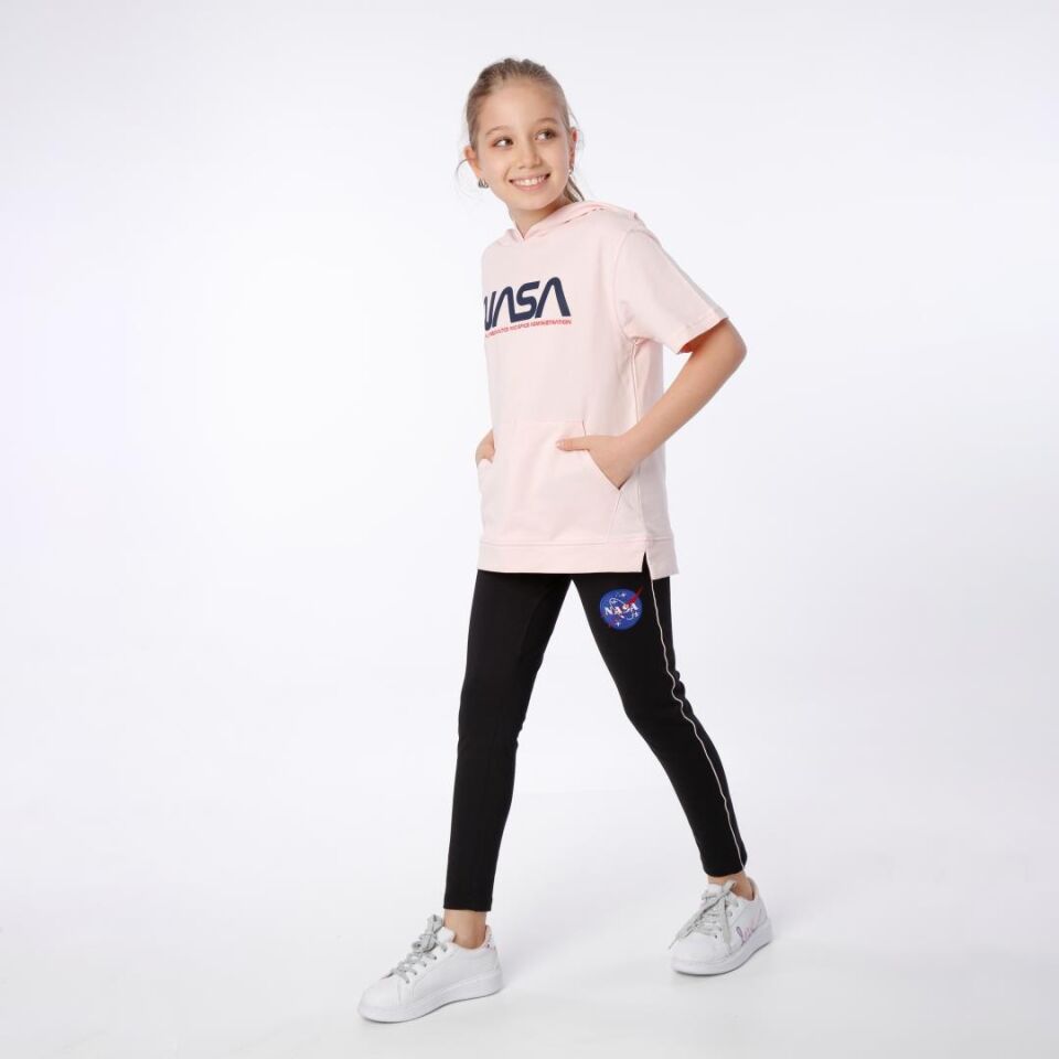 KIZ ÇOCUK NASA BASKILI KAPÜŞONLU T-SHIRT NAKIŞ DETAYLI TAYT 12-13 Yaş - SOMON