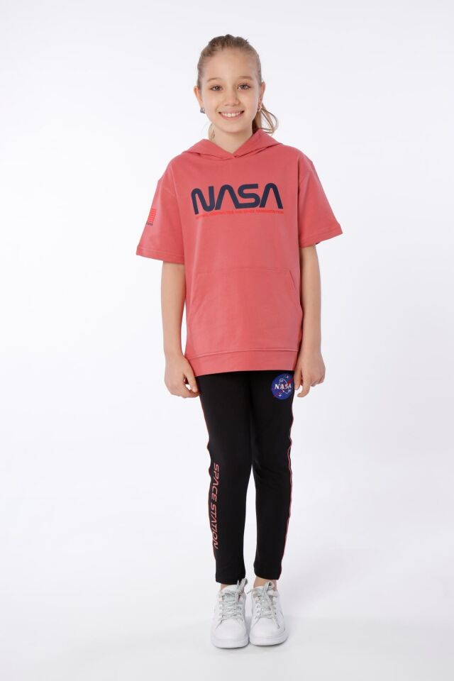 KIZ ÇOCUK NASA BASKILI KAPÜŞONLU T-SHIRT NAKIŞ DETAYLI TAYT 9-10 Yaş - MERCAN