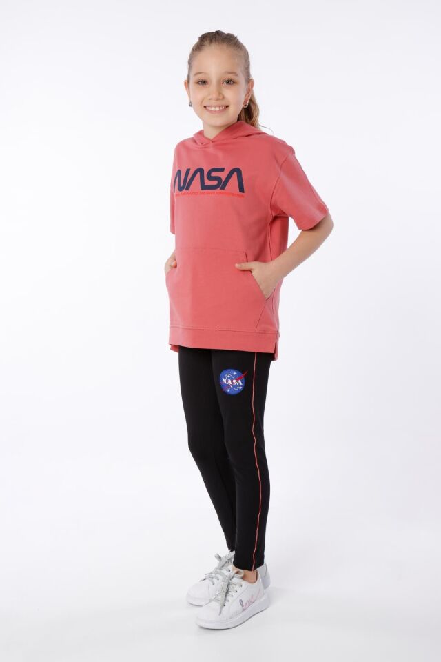 KIZ ÇOCUK NASA BASKILI KAPÜŞONLU T-SHIRT NAKIŞ DETAYLI TAYT 9-10 Yaş - MERCAN